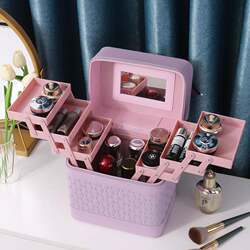 Multi-Layer Makeup Case, Portable Travel Large-Capacity Makeup Bag, Simple Portable Cosmetic Storage Box with Mirror