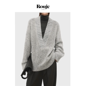 
[Ready Stock] Rouje Life Lyocell Wool Marble Patterned Yarn Retro Thick Needle V-Neck Sweater