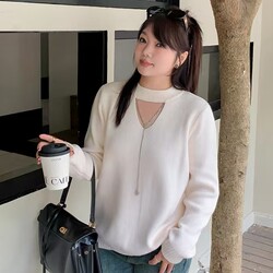 Liz Plus Size LAOSHU Plus Size Autumn/Winter New Plus Size Women's Clothing 100kg Fat mm Design Hollow Neck Chain