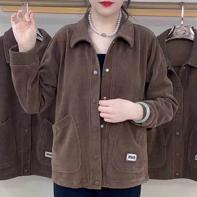 New autumn loose casual versatile solid color corduroy jacket middle-aged mother dress long-sleeved top large-size cardigan