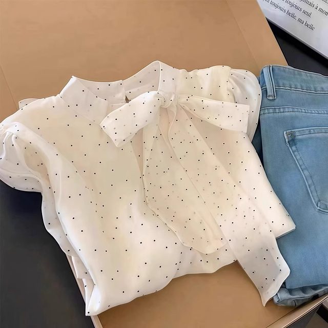 White polka dot bow tie long sleeve shirt shirt for women 2025 new hot summer light luxury high-end top