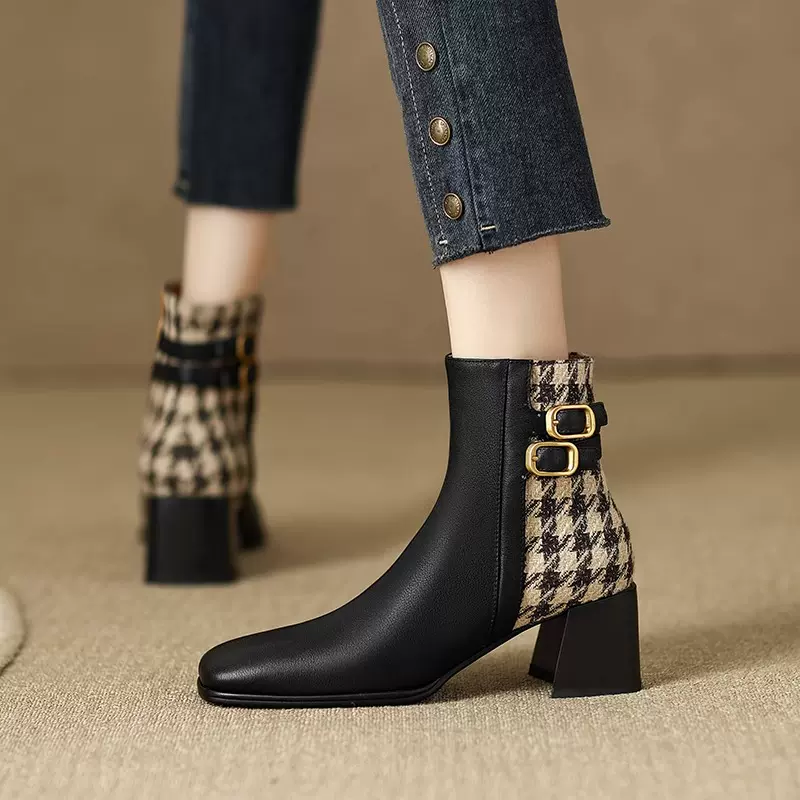 品牌復古方頭法式短靴女2023秋冬新款千鳥格粗跟馬丁靴氣質及踝靴-Taobao