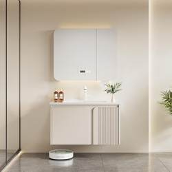 Oak Bathroom Cabinet Combination with Integrated Ceramic Basin, Modern Minimalist Washbasin Cabinet Set