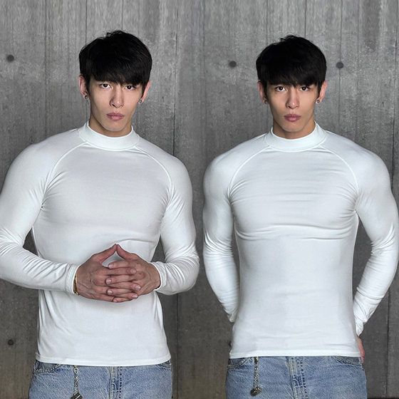 
Spring and autumn heavy-fitting German velvet round neck long-sleeved short-sleeved fitness sports men's high-elastic warm half-high collar bottoming T-shirt