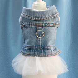 Pet Teddy Dog Clothes Spring and Summer Outfit Panda Cat Denim Rustling Skirt Detachable with Leash Clip and Leash Ring