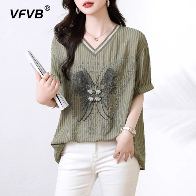 Ink green stripes hot drill V -neck short -sleeved shirt female 2024 summer new thin thin loose large size T -shirt top female