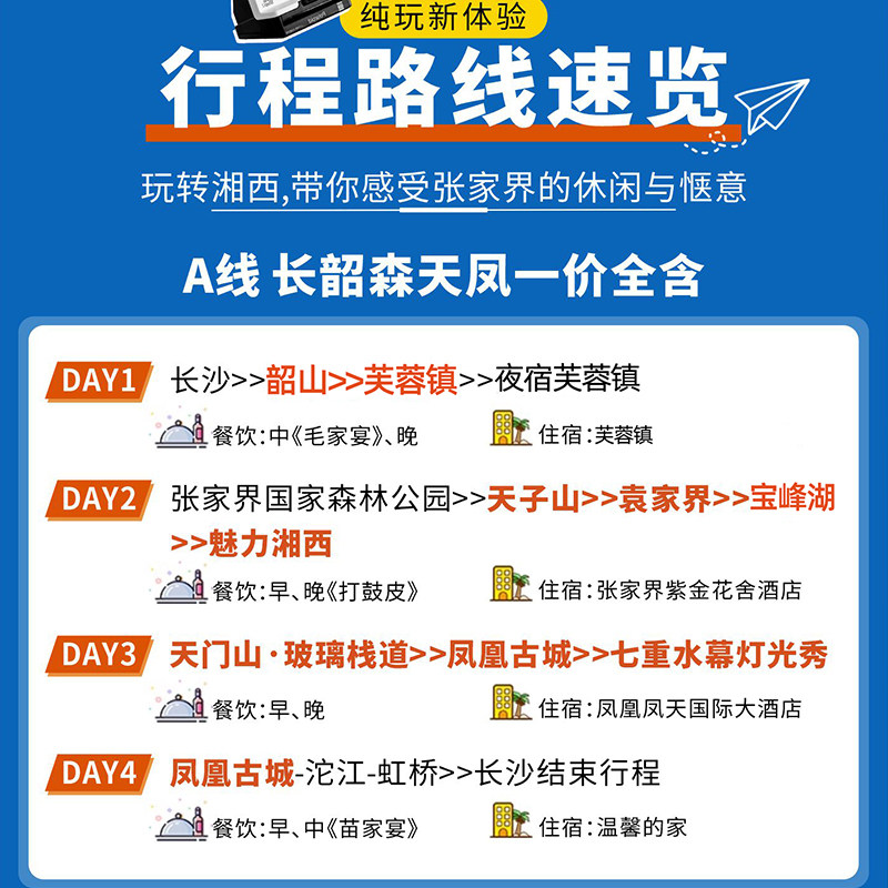 长沙湖南张家界旅游4天3晚跟团韶山芙蓉镇森林公园天门山凤凰古城