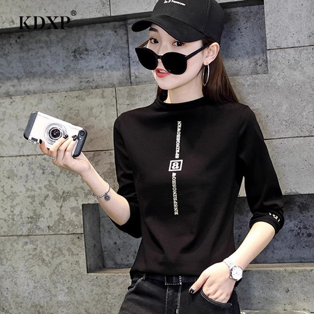 Black long-sleeved T-shirt for women 2024 autumn and winter new style ...