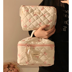 So Cute! Milk Pink Bow Cosmetic Bag for Women, Portable Travel Large-Capacity Skincare Storage Bag, Toiletry Bag