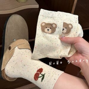 
Cute socks for women's mid-tube socks yarn pure cotton spring and autumn bear ins trendy Korean cartoon Japanese color dots winter