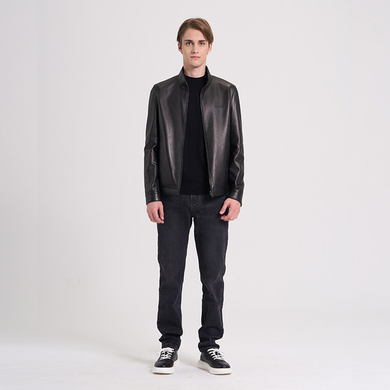 
RARE Men's Wear Autumn and Winter Small Texture Embossed Black Men's Stand Collar Leather Jacket