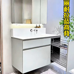 2026 New Model Corian Japanese-Style High-Back Integrated Basin Bathroom Cabinet Combination Multifunctional Mirror Cabinet with Pull-Out Basket Washbasin