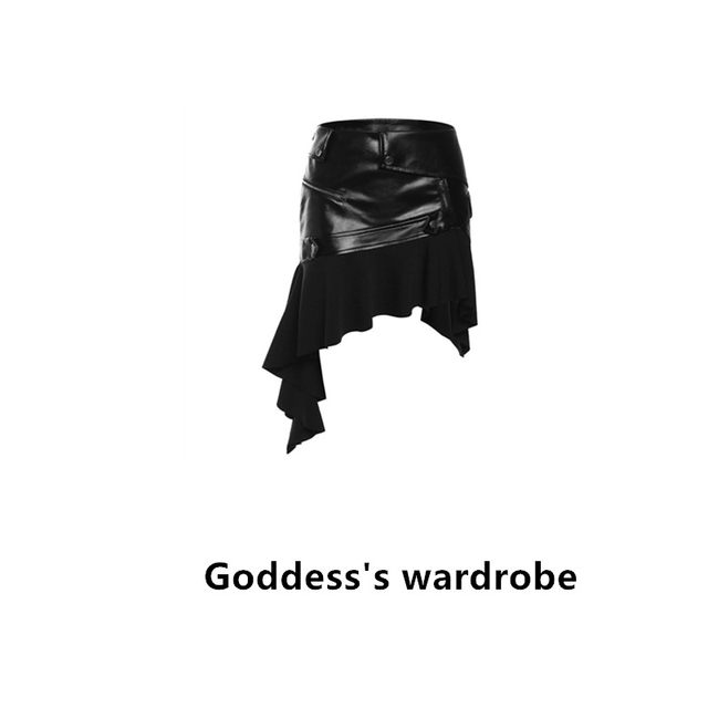 Goddess retro splicing irregular skirt autumn and winter new high-waisted slim old PU leather a-line short skirt for women