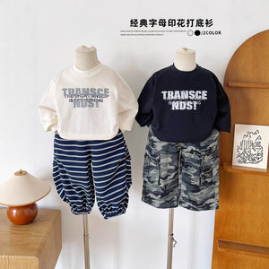 
2025 Spring and Autumn New Children's Clothing Children's Korean Lettered Loose T-Shirts for Boys and Girls, Versatile Style Long-Sleeved Tops