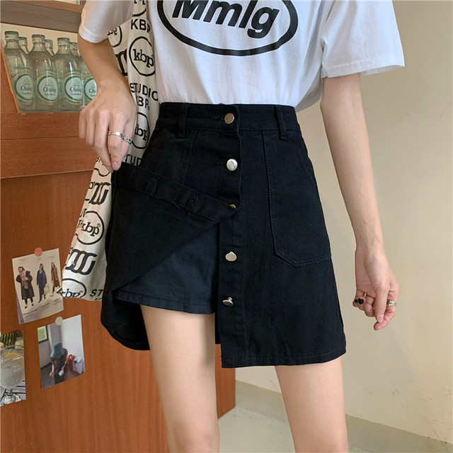 Large size black denim skirt for women in summer fat girl covering her belly and making her look slim straight A-line short skirt anti-exposure skirt pants