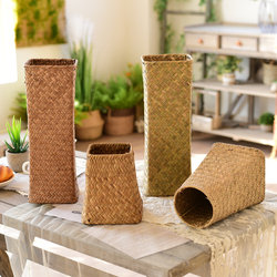 Natural Rattan Seagrass Flower Basket Woven Flower Vessel Bamboo Woven Dried Flower Vase Pastoral Decorative Flower Pot Living Room Indoor Decoration
