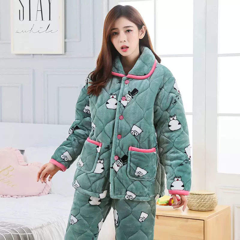 湖南省服冬季女可外穿加绒加厚保暖东北冬天睡衣