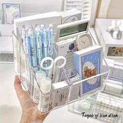 Transparent Five-Compartment Acrylic Pen Holder ins High-Capacity Storage Box Office Desk Organizer Square Plastic Pen Holder Storage