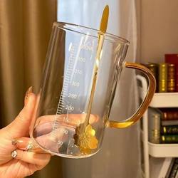 High-Quality ins Style Glass Cup with Handle and Scale, Light Luxury Style, Household Drinking Cup, Breakfast Cup for Girls