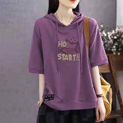 Clearance Sale Foreign Trade Women's Clothing Summer New Pure Cotton Hooded Short-Sleeve T-Shirt Loose Casual Fashion Trendy
