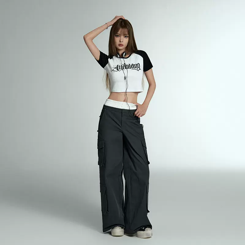 ANDWANG 深灰色美式甜酷高腰直筒工装裤女口袋设计感显瘦休闲裤-Taobao
