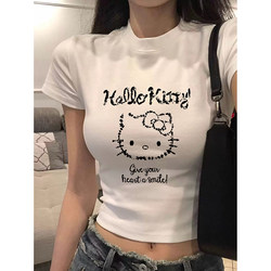Hot Girl Kitty Cat Print Short-Sleeve T-Shirt for Women, 2026 Summer New Slim-Fit Pure Cotton Short Top