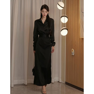 
Pure and luxurious luxury black long-sleeved dress for women in early autumn waist lapel shirt skirt two-piece set