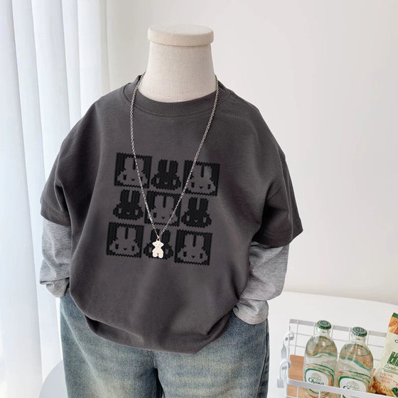 
100% pure cotton boy fake two-piece long-sleeved T-shirt in spring and autumn new style of children's baby fashionable and versatile casual top