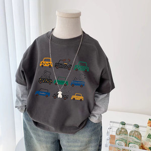 
Pure cotton boys' fake two-piece long-sleeved T-shirt 2026 spring and autumn new style children's baby cartoon versatile casual top