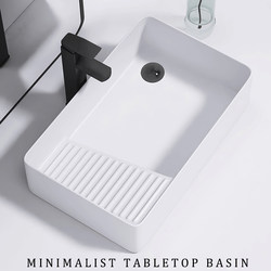 Balcony Laundry Basin with Washboard, Ceramic Countertop Basin, Wash Basin with Left and Right Side Drainage, Laundry Sink