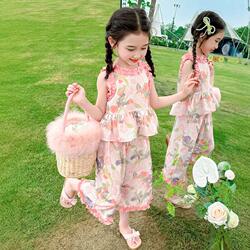 Summer New Style Girls' Fashionable Sleeveless Suit, Stylish Wide-Leg Pants for Girls, Cute Floral Vest Clothes for Young Children, Trendy