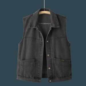 
2025 New Black Denim Vest Men's Lapel Single-Breasted Embroidered Vest Jacket Korean Style Loose Outdoor Vest