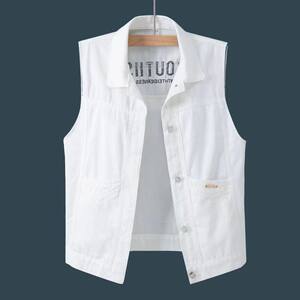 2024 new Korean version loose horse clip vest top embroidered white denim vest short jacket men's spring and summer clothing