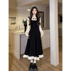 French-Style Elegant High-End Waist-Cinching Faux Two-Piece Dress for Women, Autumn Vintage Korean Style Slimming Hepburn-Style Long Dress