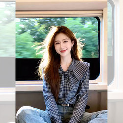 Contrast Color Plaid Doll Collar Bow Long-Sleeve Shirt Blouse for Women 2026 Spring Very Pretty French Style Upper-Class Top