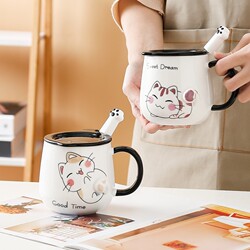 German Imported Cat Mug with Lid and Spoon, Ceramic Water Cup, Couple Cup for Men and Women, Office Coffee Breakfast Cup
