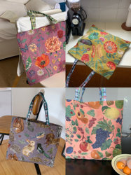 Japanese Imported In-Stock Nathalie Lete New Floral Illustration Retro Cute Japanese Style Color-Blocking Shoulder Bag