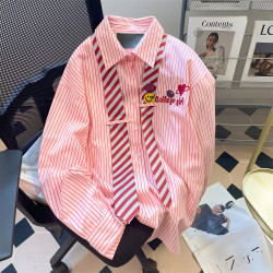College Style Pink Striped Embroidered Tie Long-Sleeved Shirt for Women, Spring and Autumn, Loose, Japanese Style, Sweet, Unique and Beautiful Top