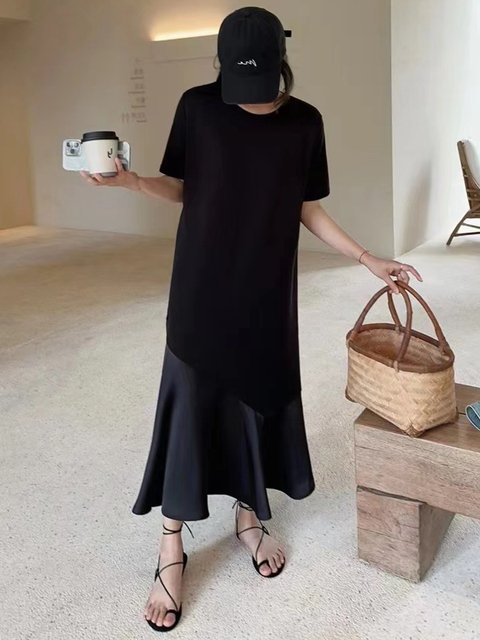 French retro casual slim and age-reducing long T-shirt skirt solid color round neck irregular skirt short sleeve dress trendy