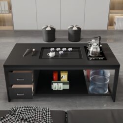 Kung Fu Tea Table for Small Offices, Fire-Polished Stone Tea Table with Integrated Kettle for Brewing Tea, Suitable for Living Room Home Use, Square Tea Table