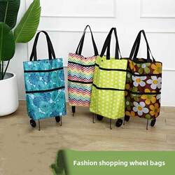 Household Grocery Shopping Cart with Wheels, Oxford Cloth Portable Foldable Shopping Bag with Wheels