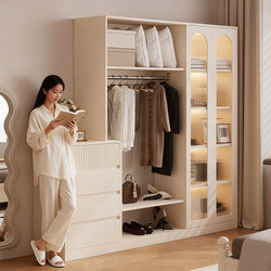 Cream-Style Wardrobe for Home Bedroom, Hanging Clothes Rack, Glass Cabinet, Storage Cabinet, Large-Capacity Clothes Storage Cabinet, Storage Cabinet