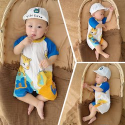 Baby Summer Jumpsuit, Short-Sleeved Romper for Boys, Cartoon Tiger, Super Cute Outing Clothes, Newborn Crawling Clothes, Pure Cotton