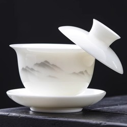 White Jade Porcelain Can Hover and Rotate, Covered Bowl, Ceramic Single High-End Three-Piece Anti-Scald Tea Set, Tea Bowl, Tea Cup