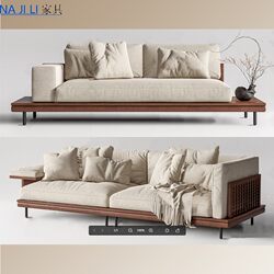 Medieval-Style Hotel Lobby Reception Fabric Sofa, B&B Lobby, New Chinese-Style Zen Solid Wood Sofa and Coffee Table Set