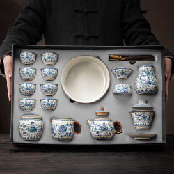 Jingdezhen Ru Kiln Official Flagship Store Blue and White Porcelain Tea Set Gift Box New Year Gift Light Luxury Ru Kiln Kung Fu Tea Set