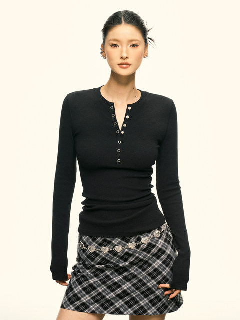 Aaisup American Henry Neck Long Sleeve T-shirt for Women 2025 Spring New Hot Girls Slim and Slim and Versatile Base Shirt