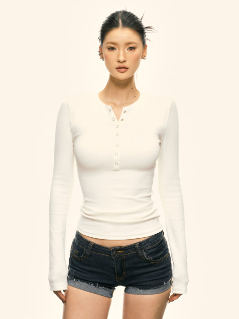 Aaisup American Henry Neck Long Sleeve T-shirt for Women 2025 Spring New Hot Girls Slim and Slim and Versatile Base Shirt