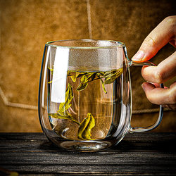 Double-Layer Insulated Glass Cup with Handle, Household Drinking Cup, High Temperature Resistant Green Tea Cup, Coffee Cup, Anti-Scalding Coffee Cup