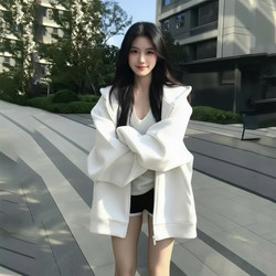 White Zip-Up Hoodie Jacket for Women, 2026 New Style, Loose Design, Spring Cardigan, Korean Style Top, Unique
